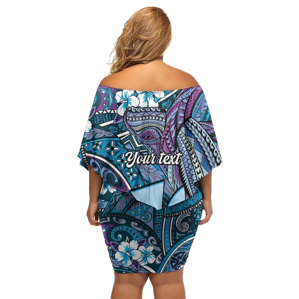 Personalised Hawaii Tribal Humpback Whale Off Shoulder Short Dress Polu Hibiscus Seamless Pattern