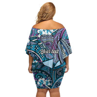 Personalised Hawaii Tribal Humpback Whale Off Shoulder Short Dress Polu Hibiscus Seamless Pattern