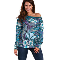 Personalised Hawaii Tribal Humpback Whale Off Shoulder Sweater Polu Hibiscus Seamless Pattern