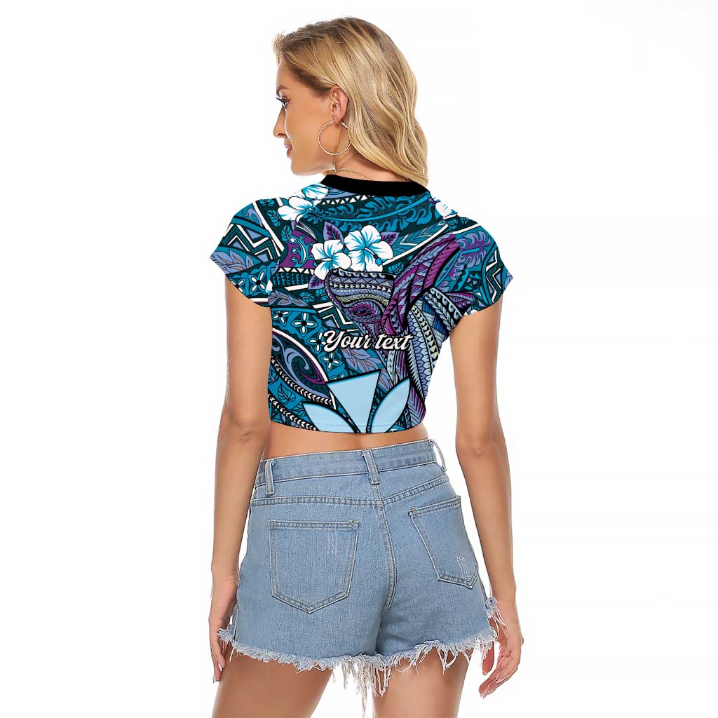 Personalised Hawaii Tribal Humpback Whale Raglan Cropped T Shirt Polu Hibiscus Seamless Pattern