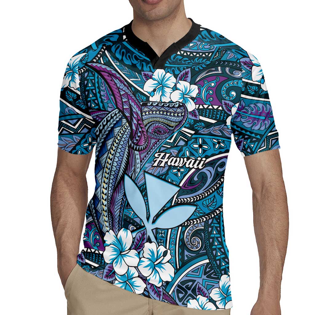 Personalised Hawaii Tribal Humpback Whale Rugby Jersey Polu Hibiscus Seamless Pattern