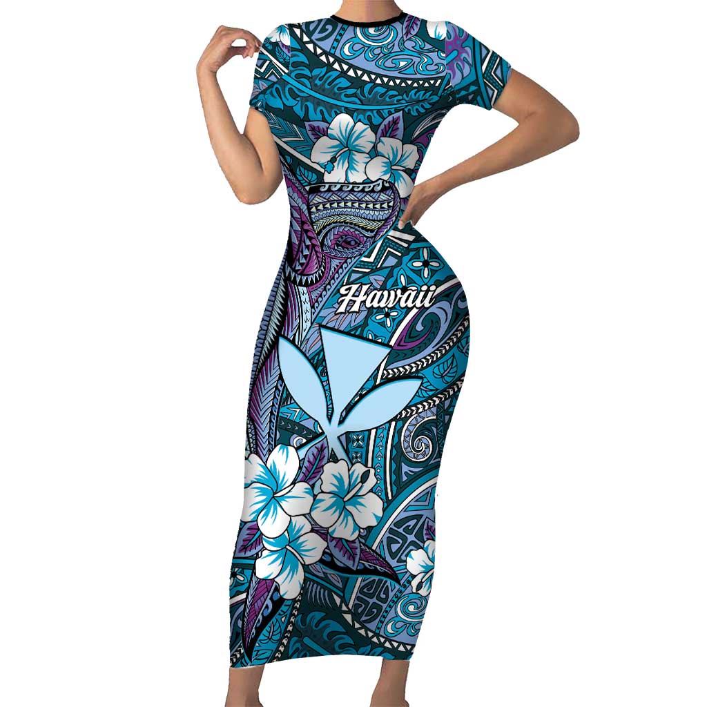 Personalised Hawaii Tribal Humpback Whale Short Sleeve Bodycon Dress Polu Hibiscus Seamless Pattern