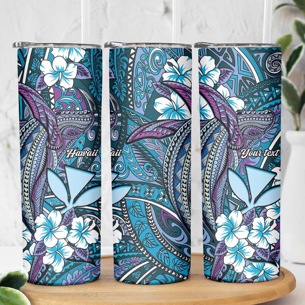 Personalised Hawaii Tribal Humpback Whale Skinny Tumbler Polu Hibiscus Seamless Pattern