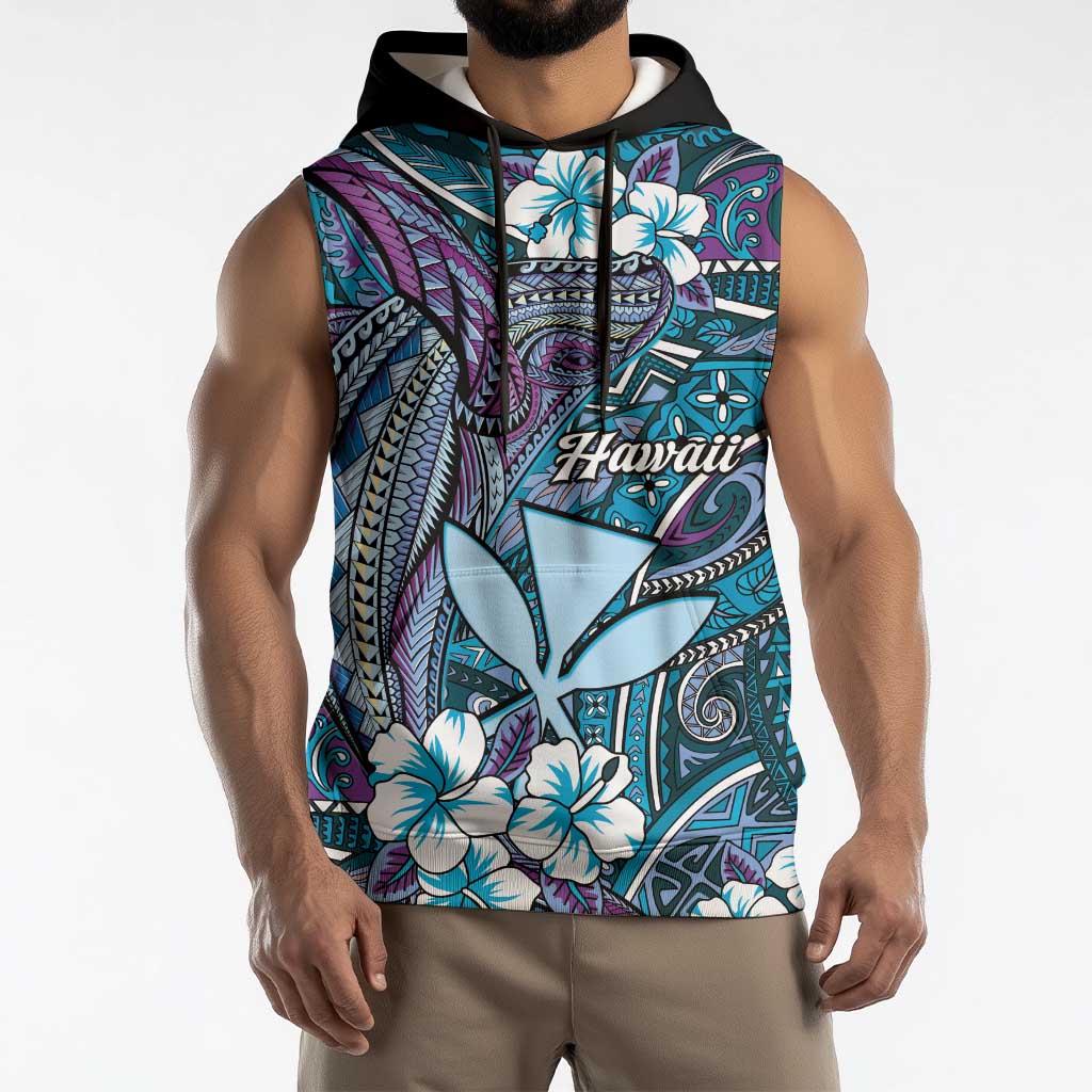 Personalised Hawaii Tribal Humpback Whale Sleeveless Hoodie Polu Hibiscus Seamless Pattern