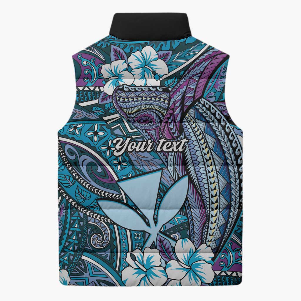 Personalised Hawaii Tribal Humpback Whale Sleeveless Puffer Jacket Polu Hibiscus Seamless Pattern