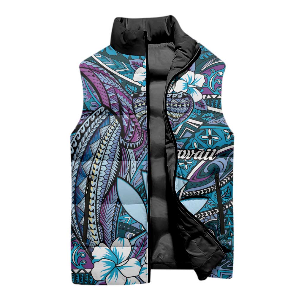 Personalised Hawaii Tribal Humpback Whale Sleeveless Puffer Jacket Polu Hibiscus Seamless Pattern