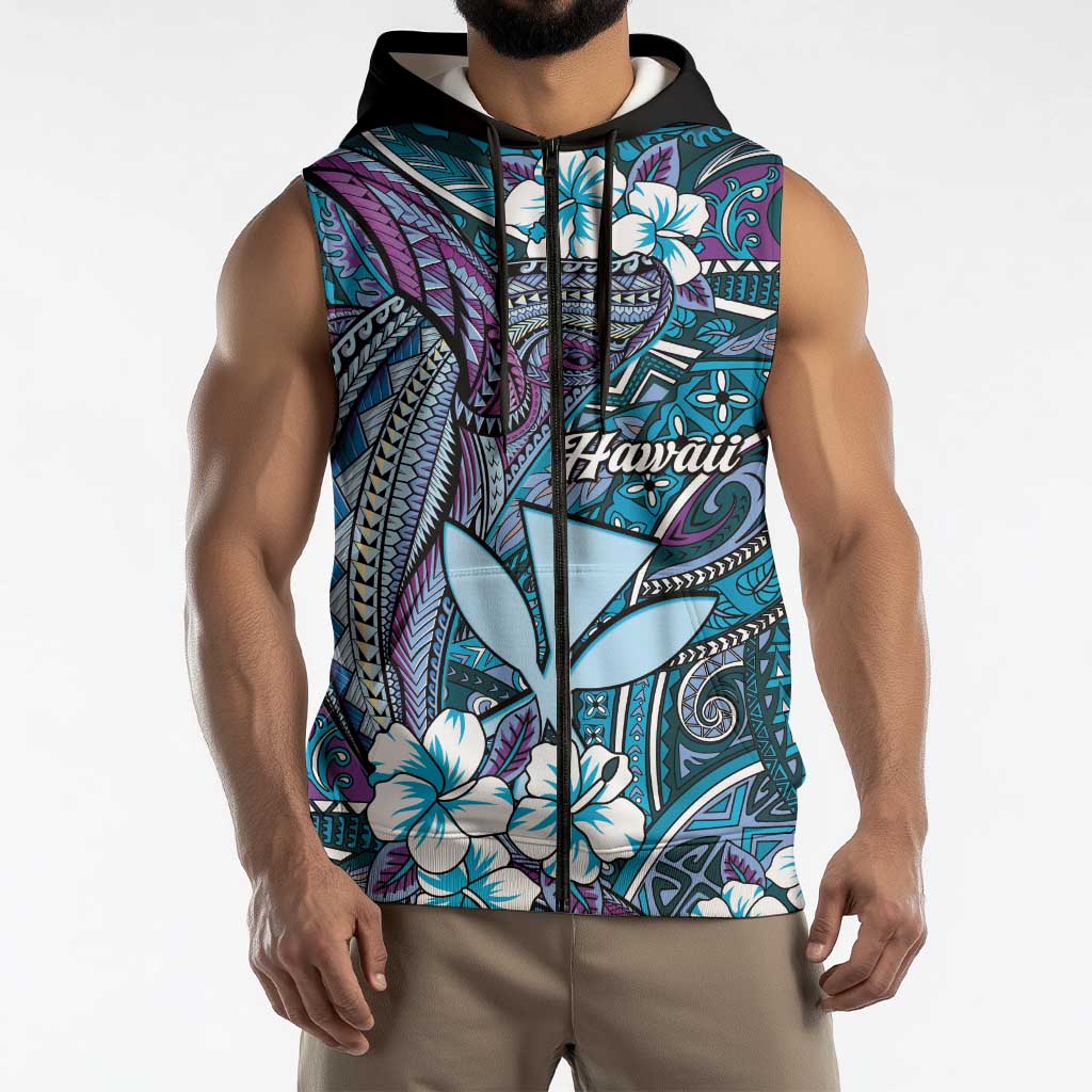 Personalised Hawaii Tribal Humpback Whale Sleeveless Zip Hoodie Polu Hibiscus Seamless Pattern