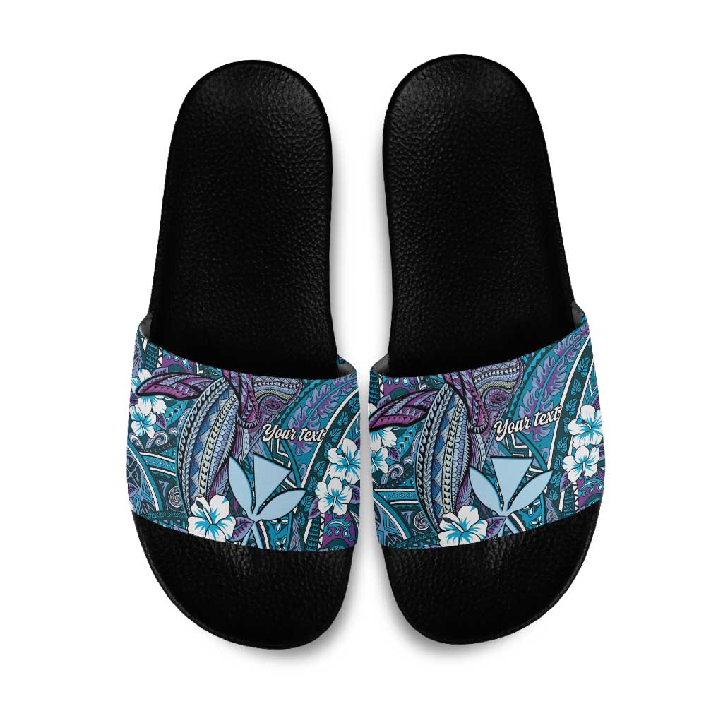 Personalised Hawaii Tribal Humpback Whale Slide Sandals Polu Hibiscus Seamless Pattern