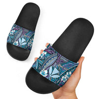 Personalised Hawaii Tribal Humpback Whale Slide Sandals Polu Hibiscus Seamless Pattern