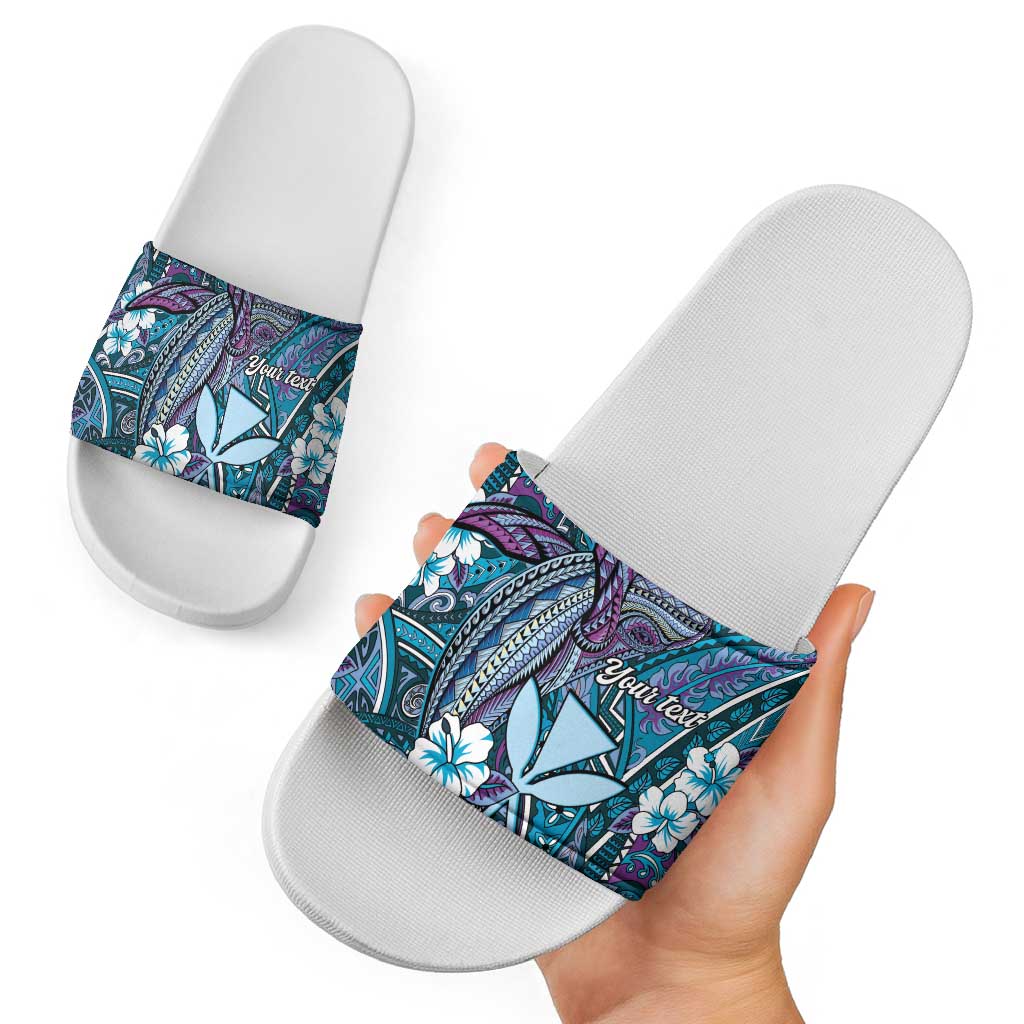 Personalised Hawaii Tribal Humpback Whale Slide Sandals Polu Hibiscus Seamless Pattern