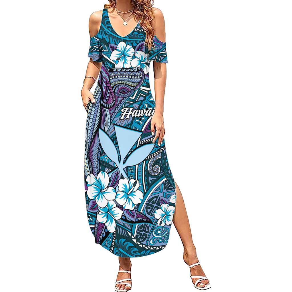 Personalised Hawaii Tribal Humpback Whale Summer Maxi Dress Polu Hibiscus Seamless Pattern