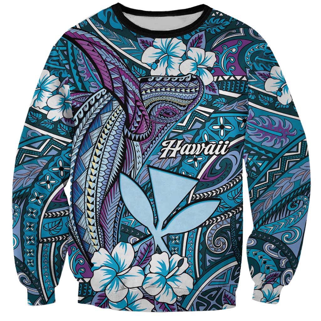 Personalised Hawaii Tribal Humpback Whale Sweatshirt Polu Hibiscus Seamless Pattern