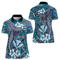 Personalised Hawaii Tribal Humpback Whale Women Polo Shirt Polu Hibiscus Seamless Pattern