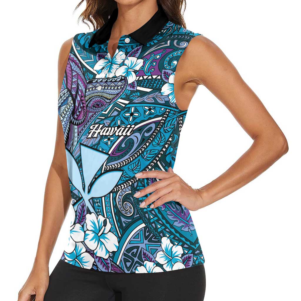 Personalised Hawaii Tribal Humpback Whale Women Sleeveless Polo Shirt Polu Hibiscus Seamless Pattern
