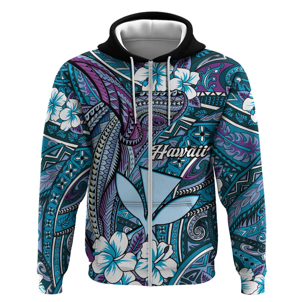 Personalised Hawaii Tribal Humpback Whale Zip Hoodie Polu Hibiscus Seamless Pattern