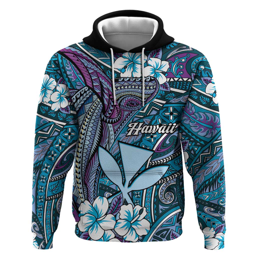 Personalised Hawaii Tribal Humpback Whale Zip Hoodie Polu Hibiscus Seamless Pattern