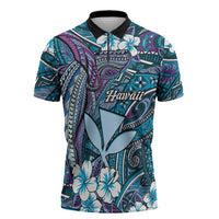 Personalised Hawaii Tribal Humpback Whale Zipper Polo Shirt Polu Hibiscus Seamless Pattern