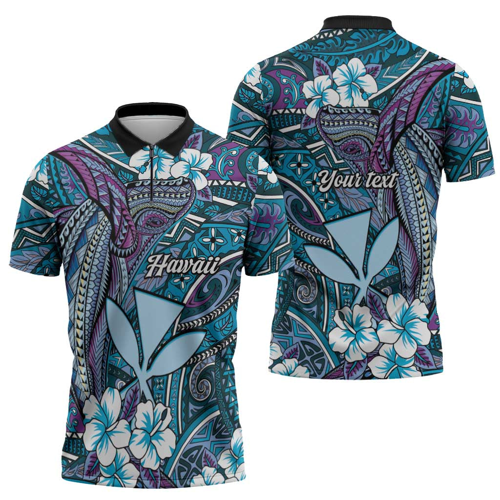 Personalised Hawaii Tribal Humpback Whale Zipper Polo Shirt Polu Hibiscus Seamless Pattern