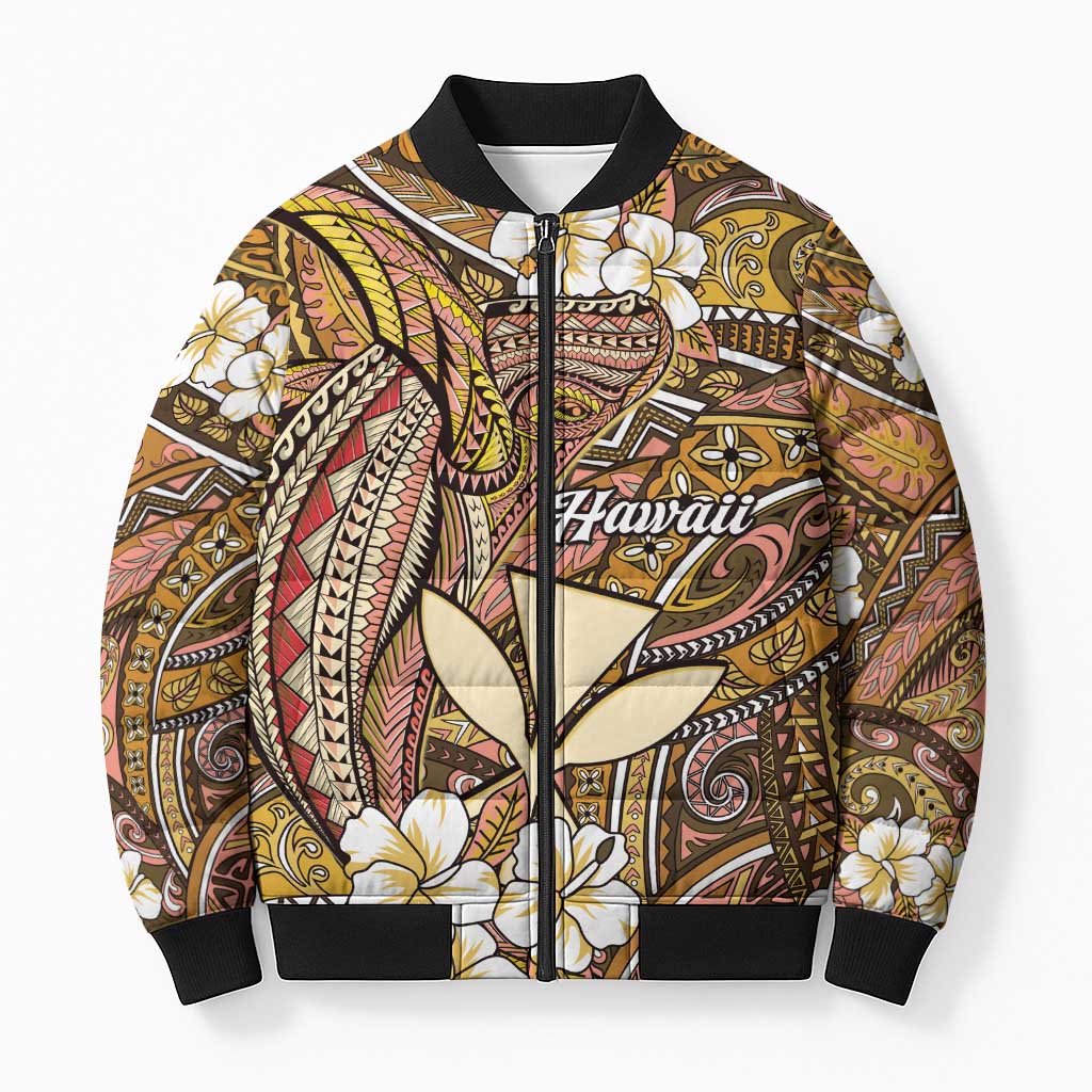 Personalised Hawaii Tribal Humpback Whale Bomber Puffer Jacket Melemele Hibiscus Seamless Pattern
