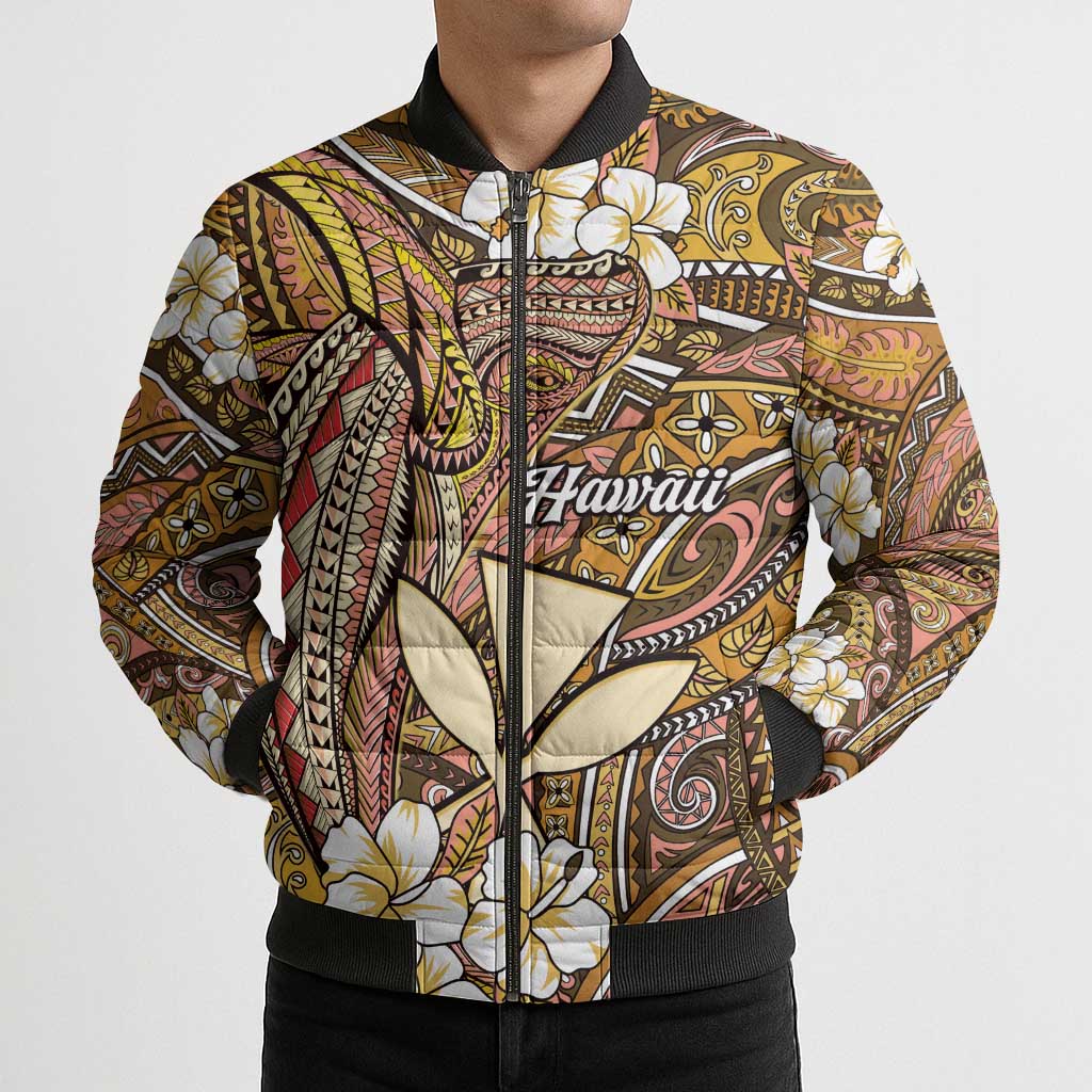 Personalised Hawaii Tribal Humpback Whale Bomber Puffer Jacket Melemele Hibiscus Seamless Pattern