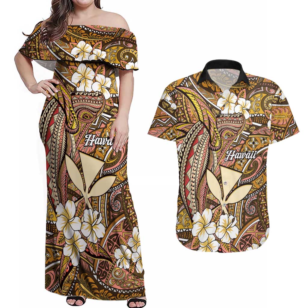 Personalised Hawaii Tribal Humpback Whale Couples Matching Off Shoulder Maxi Dress and Hawaiian Shirt Melemele Hibiscus Seamless Pattern LT9 Gold - Polynesian Pride