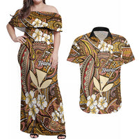 Personalised Hawaii Tribal Humpback Whale Couples Matching Off Shoulder Maxi Dress and Hawaiian Shirt Melemele Hibiscus Seamless Pattern LT9 Gold - Polynesian Pride