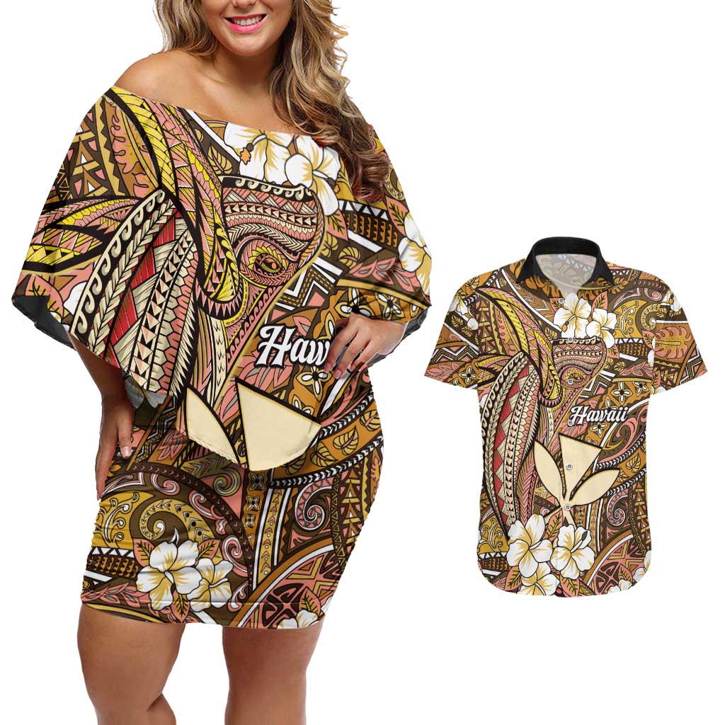 Personalised Hawaii Tribal Humpback Whale Couples Matching Off Shoulder Short Dress and Hawaiian Shirt Melemele Hibiscus Seamless Pattern