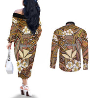 Personalised Hawaii Tribal Humpback Whale Couples Matching Off The Shoulder Long Sleeve Dress and Long Sleeve Button Shirt Melemele Hibiscus Seamless Pattern