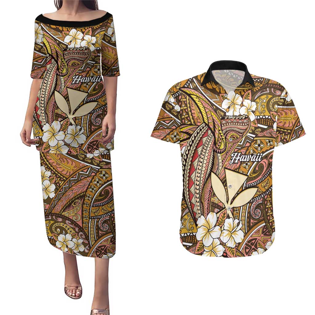 Personalised Hawaii Tribal Humpback Whale Couples Matching Puletasi and Hawaiian Shirt Melemele Hibiscus Seamless Pattern