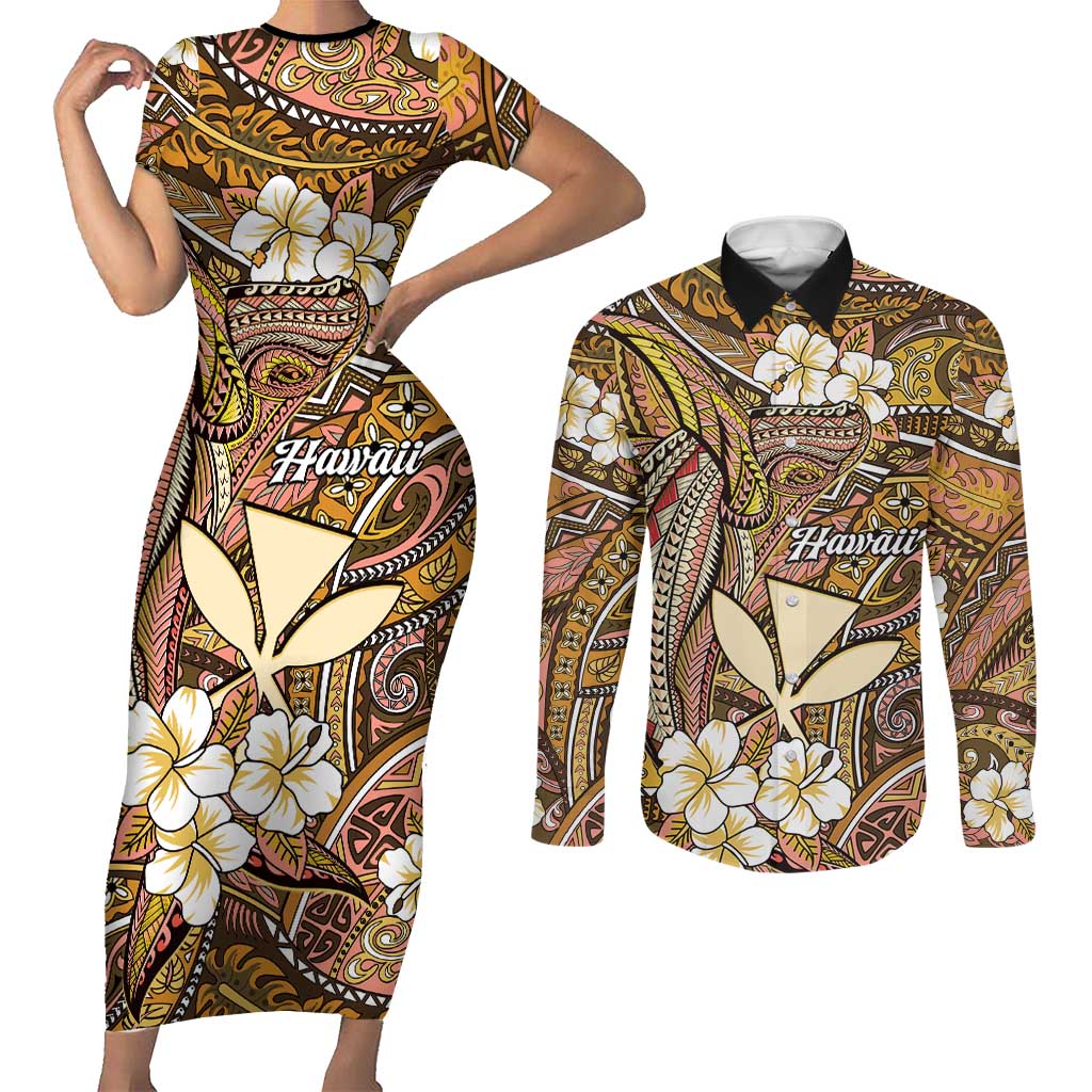 Personalised Hawaii Tribal Humpback Whale Couples Matching Short Sleeve Bodycon Dress and Long Sleeve Button Shirt Melemele Hibiscus Seamless Pattern