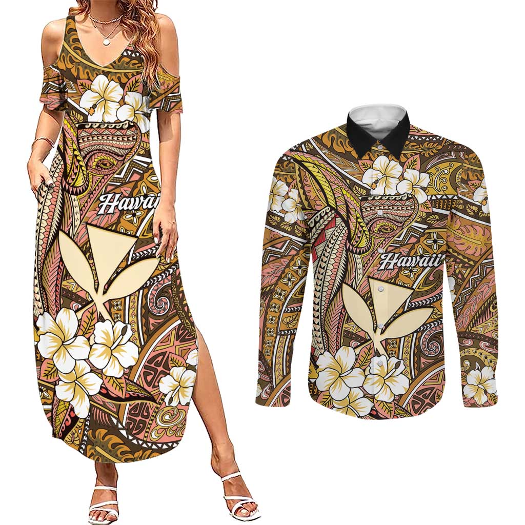 Personalised Hawaii Tribal Humpback Whale Couples Matching Summer Maxi Dress and Long Sleeve Button Shirt Melemele Hibiscus Seamless Pattern