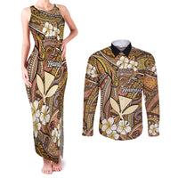 Personalised Hawaii Tribal Humpback Whale Couples Matching Tank Maxi Dress and Long Sleeve Button Shirt Melemele Hibiscus Seamless Pattern