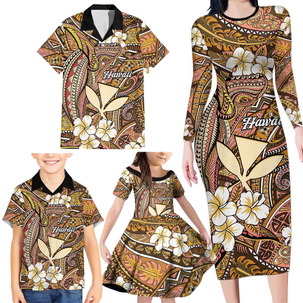 Personalised Hawaii Tribal Humpback Whale Family Matching Long Sleeve Bodycon Dress and Hawaiian Shirt Melemele Hibiscus Seamless Pattern LT9 - Polynesian Pride