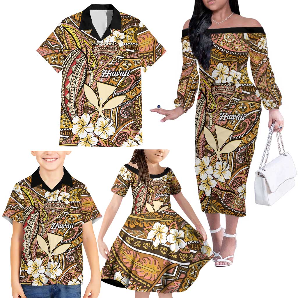 Personalised Hawaii Tribal Humpback Whale Family Matching Off The Shoulder Long Sleeve Dress and Hawaiian Shirt Melemele Hibiscus Seamless Pattern LT9 - Polynesian Pride
