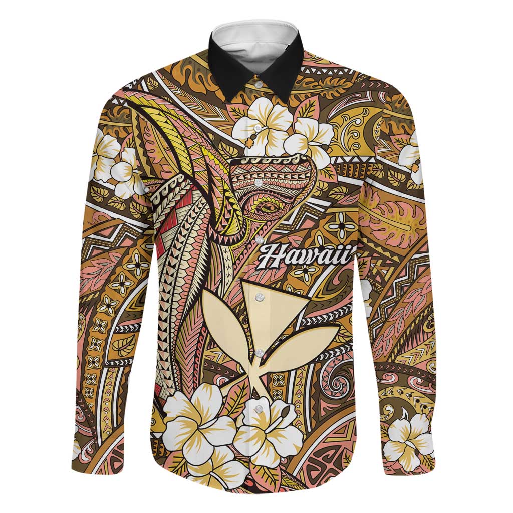 Personalised Hawaii Tribal Humpback Whale Family Matching Off Shoulder Maxi Dress and Hawaiian Shirt Melemele Hibiscus Seamless Pattern LT9 Dad's Shirt - Long Sleeve Gold - Polynesian Pride