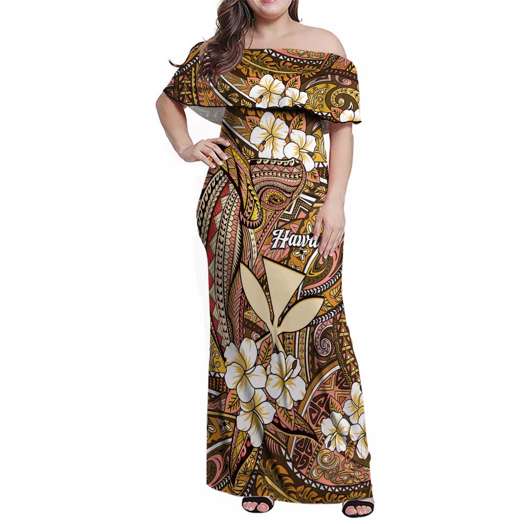 Personalised Hawaii Tribal Humpback Whale Family Matching Off Shoulder Maxi Dress and Hawaiian Shirt Melemele Hibiscus Seamless Pattern LT9 Mom's Dress Gold - Polynesian Pride