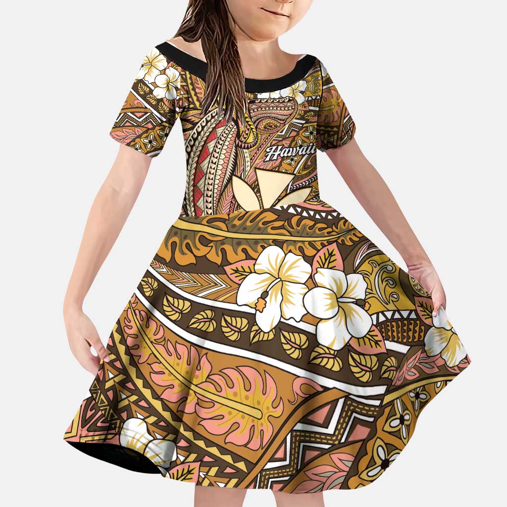 Personalised Hawaii Tribal Humpback Whale Family Matching Off Shoulder Short Dress and Hawaiian Shirt Melemele Hibiscus Seamless Pattern LT9 Daughter's Dress Gold - Polynesian Pride