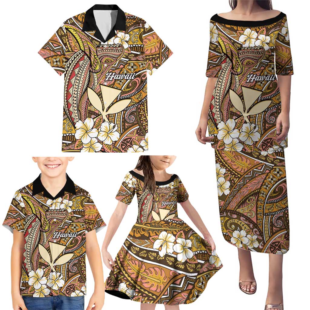 Personalised Hawaii Tribal Humpback Whale Family Matching Puletasi and Hawaiian Shirt Melemele Hibiscus Seamless Pattern