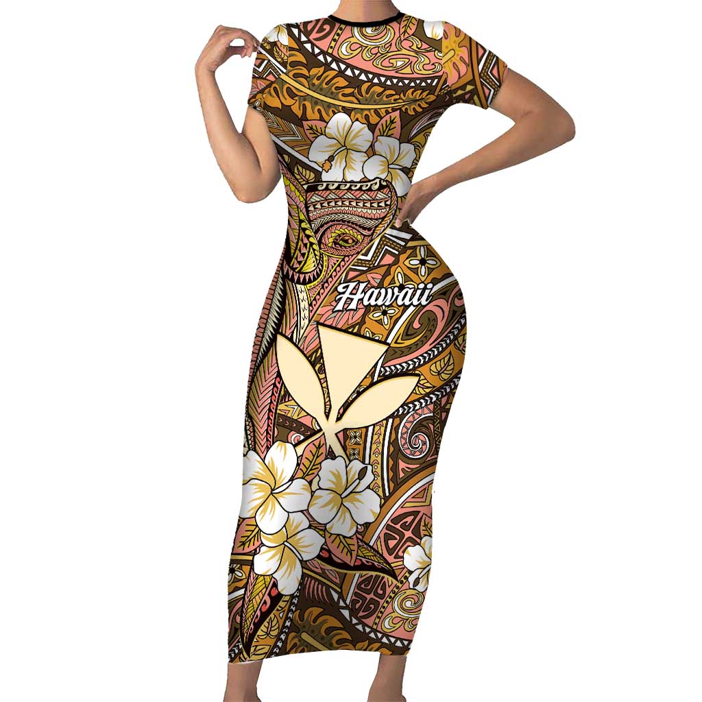 Personalised Hawaii Tribal Humpback Whale Family Matching Short Sleeve Bodycon Dress and Hawaiian Shirt Melemele Hibiscus Seamless Pattern LT9 Mom's Dress Gold - Polynesian Pride