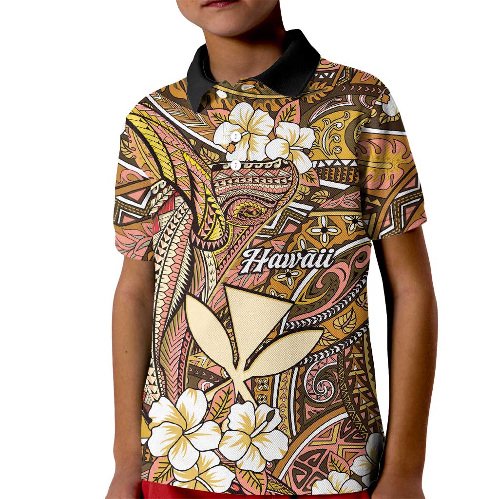 Personalised Hawaii Tribal Humpback Whale Kid Polo Shirt Melemele Hibiscus Seamless Pattern