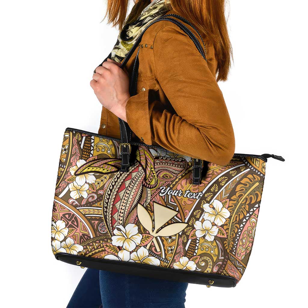 Personalised Hawaii Tribal Humpback Whale Leather Tote Bag Melemele Hibiscus Seamless Pattern