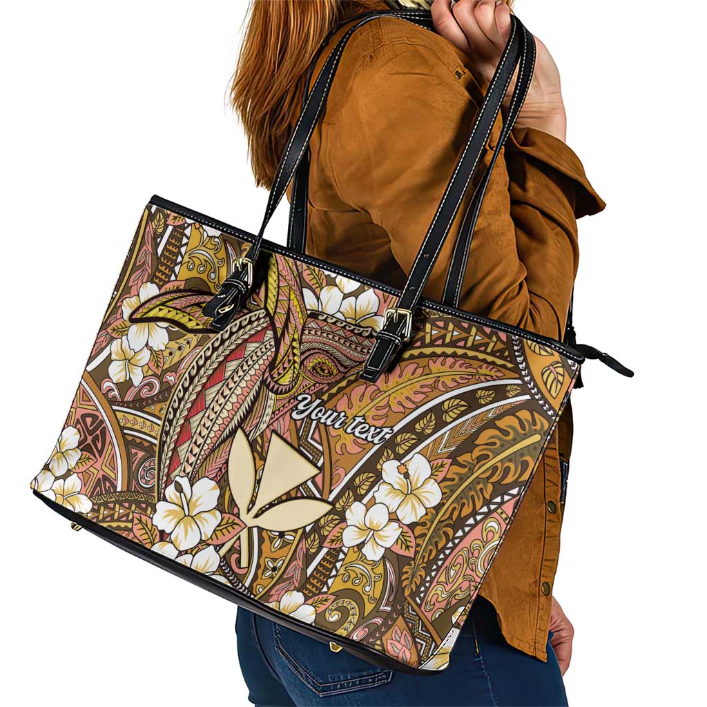 Personalised Hawaii Tribal Humpback Whale Leather Tote Bag Melemele Hibiscus Seamless Pattern