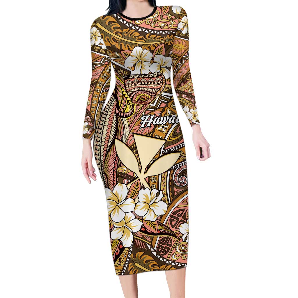 Personalised Hawaii Tribal Humpback Whale Long Sleeve Bodycon Dress Melemele Hibiscus Seamless Pattern
