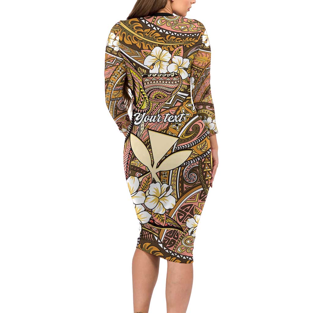 Personalised Hawaii Tribal Humpback Whale Long Sleeve Bodycon Dress Melemele Hibiscus Seamless Pattern