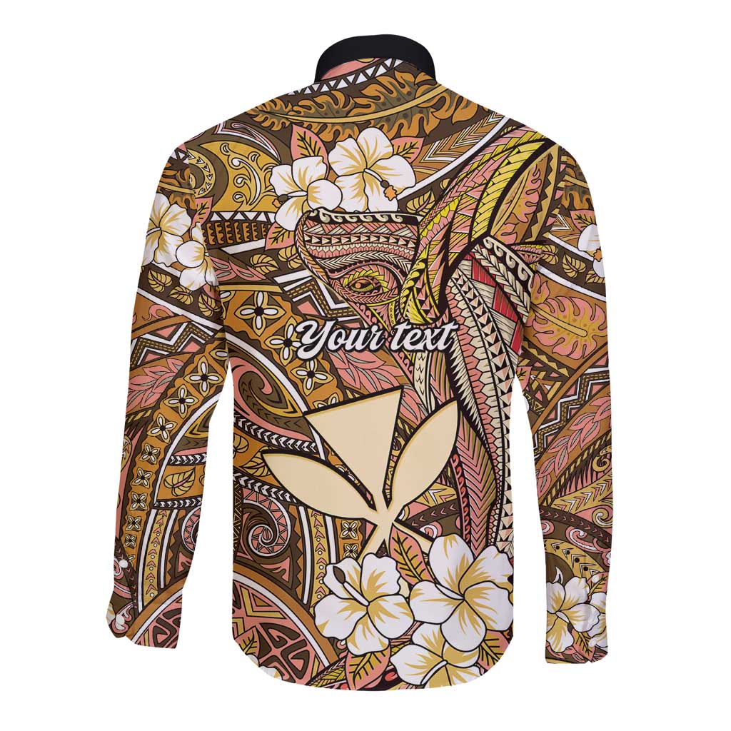 Personalised Hawaii Tribal Humpback Whale Long Sleeve Button Shirt Melemele Hibiscus Seamless Pattern