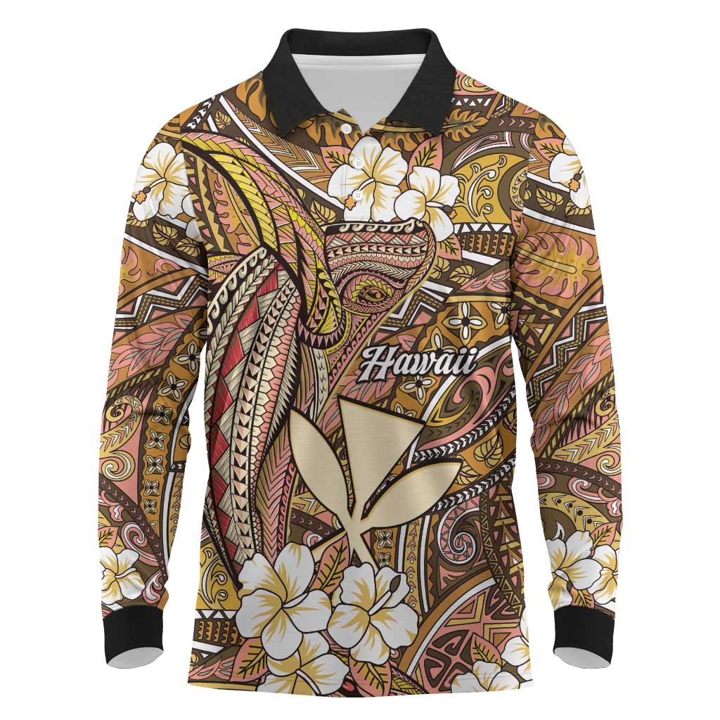 Personalised Hawaii Tribal Humpback Whale Long Sleeve Polo Shirt Melemele Hibiscus Seamless Pattern