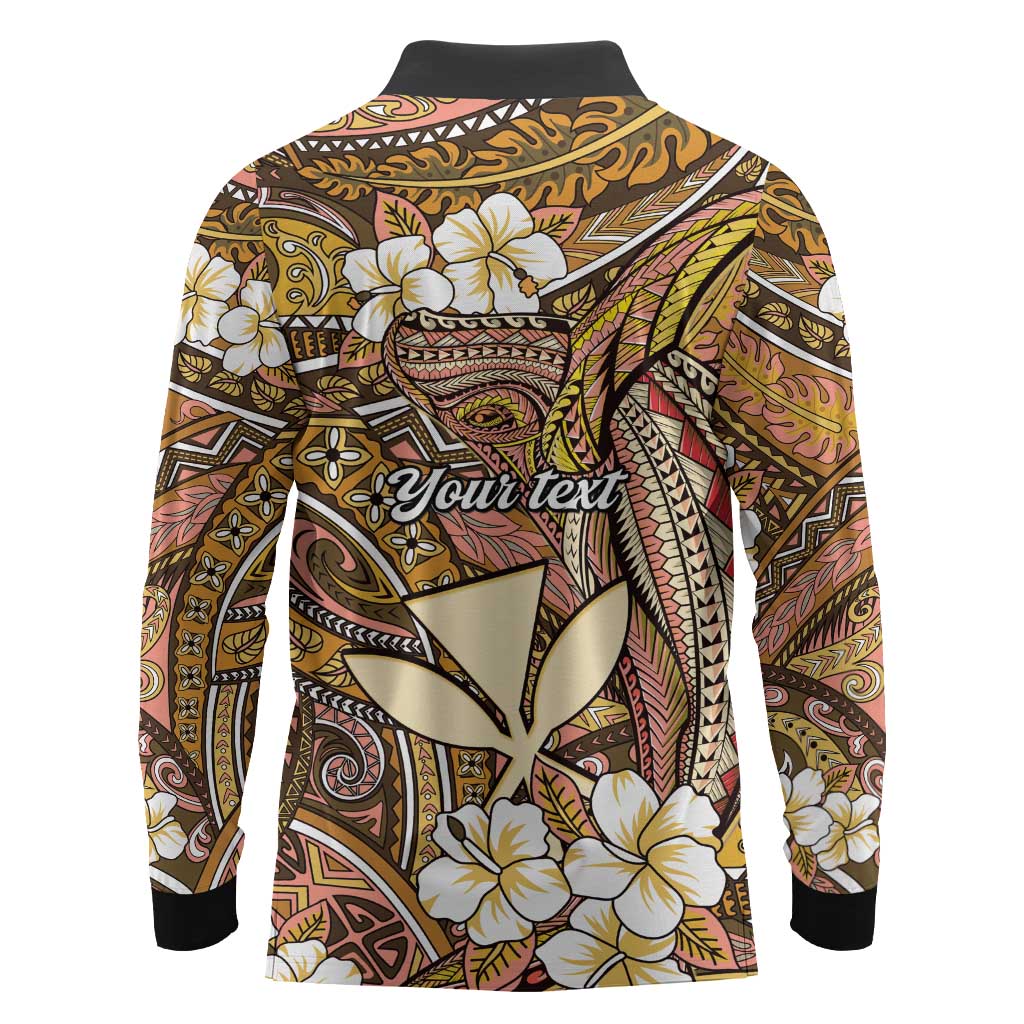 Personalised Hawaii Tribal Humpback Whale Long Sleeve Polo Shirt Melemele Hibiscus Seamless Pattern