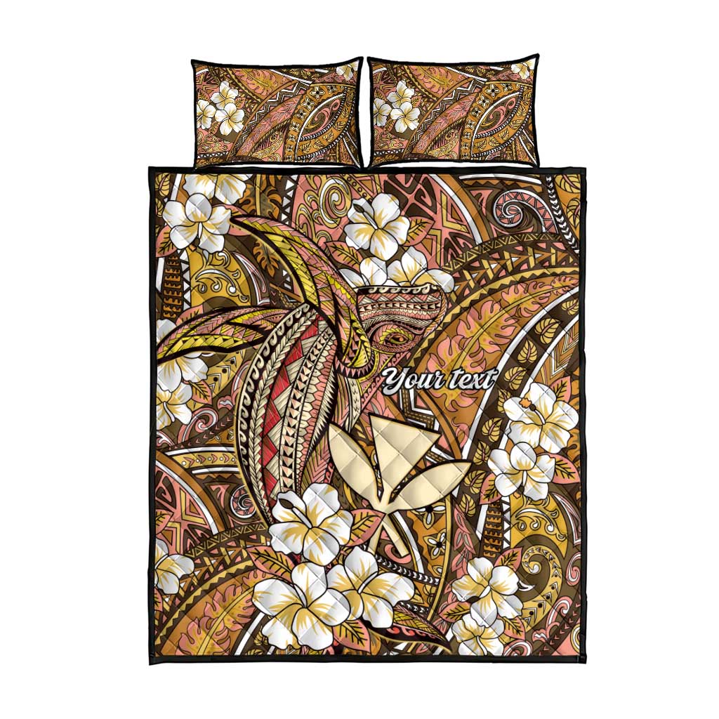 Personalised Hawaii Tribal Humpback Whale Quilt Bed Set Melemele Hibiscus Seamless Pattern
