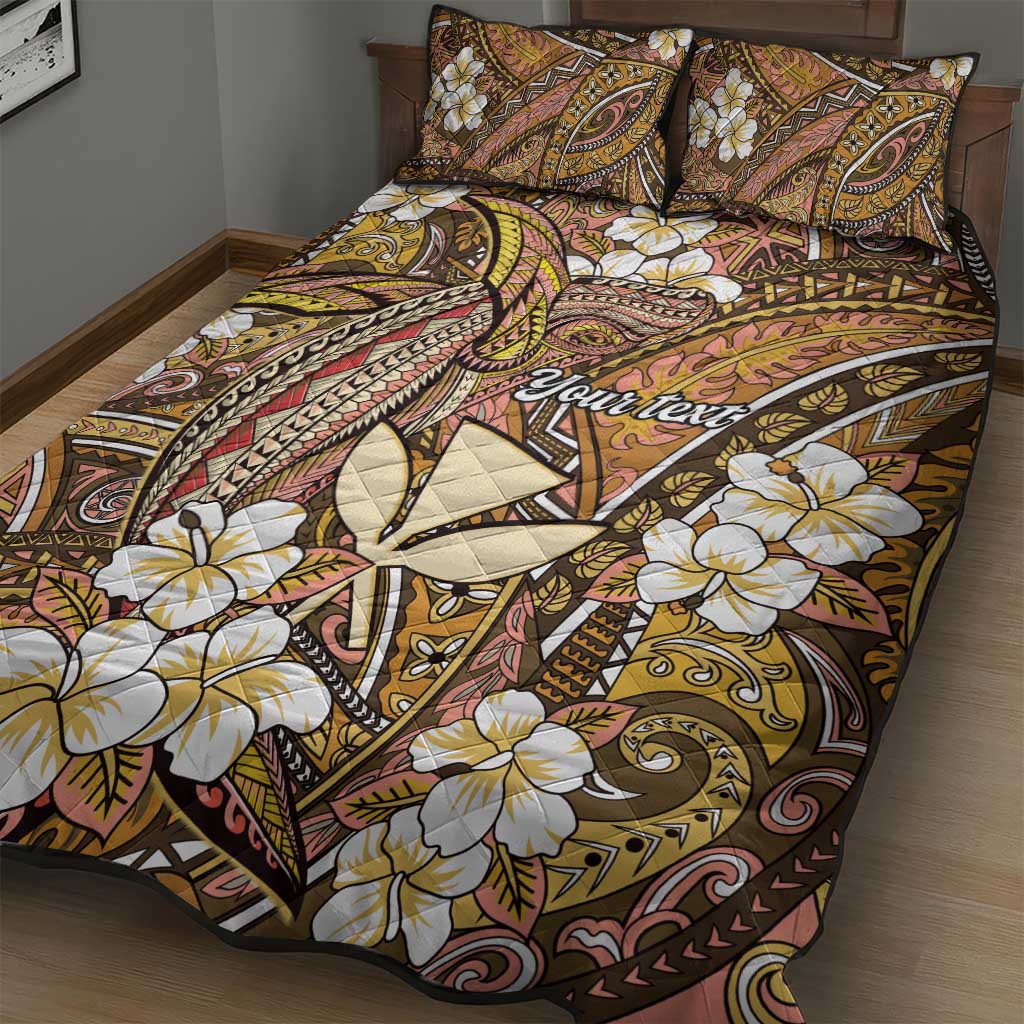 Personalised Hawaii Tribal Humpback Whale Quilt Bed Set Melemele Hibiscus Seamless Pattern