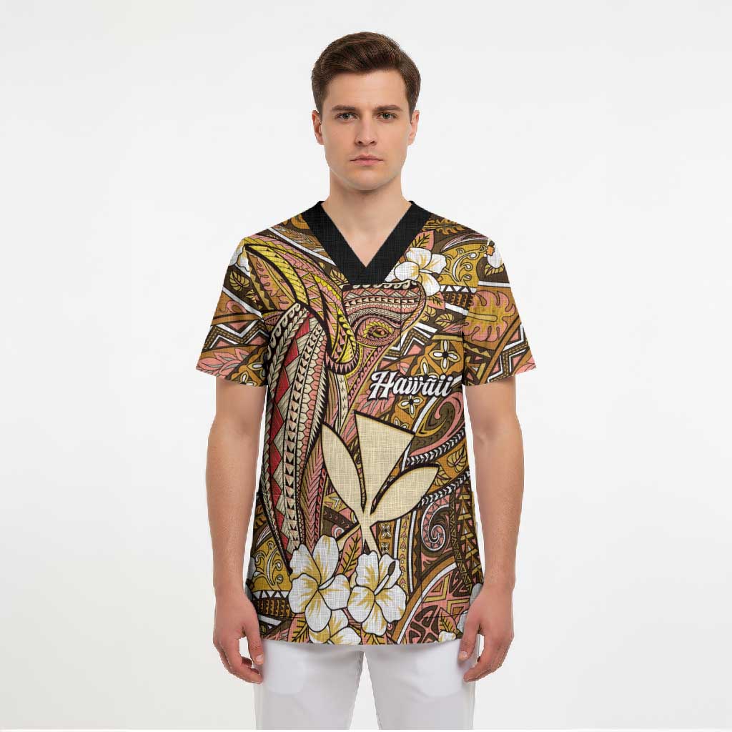 Personalised Hawaii Tribal Humpback Whale Scrub Top Melemele Hibiscus Seamless Pattern